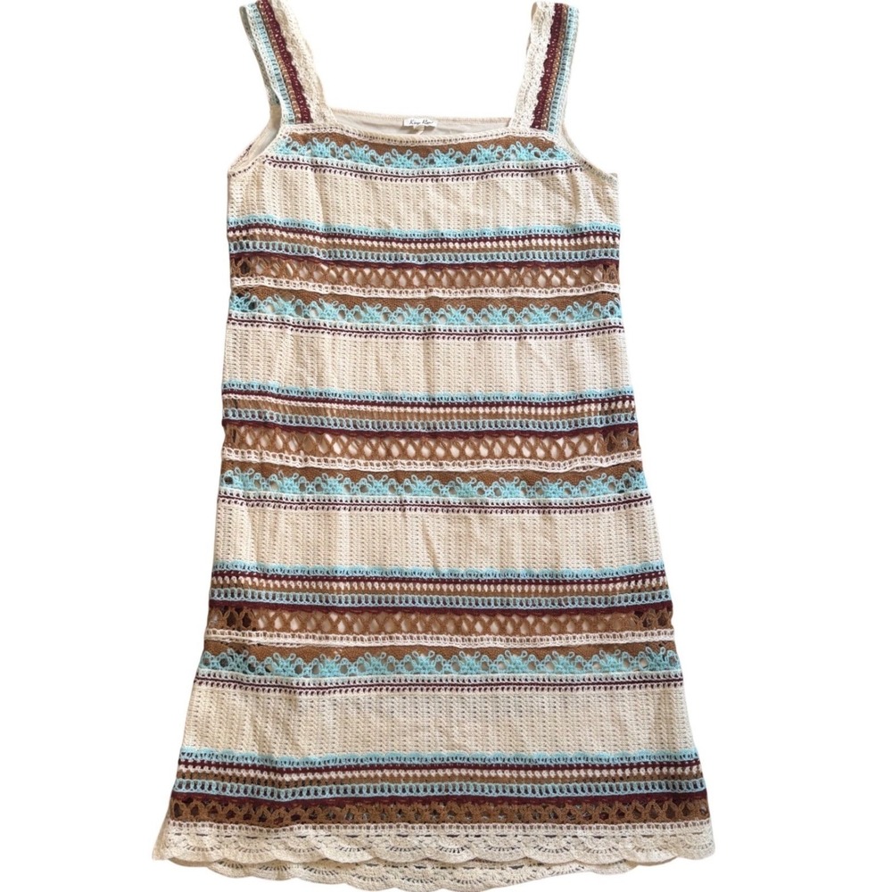 Crochet Midi Dress XL Cream Brown Turquoise Boho Striped Sleeveless Romantic - Picture 2 of 8